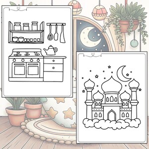 May include: Black and white line art colouring book pages. One page features a kitchen scene with a stove, shelves, and utensils. The other page shows a mosque with a crescent moon and stars.