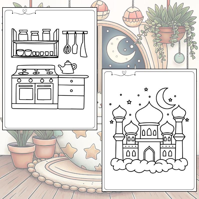 May include: Black and white line art colouring book pages. One page features a kitchen scene with a stove, shelves, and utensils. The other page shows a mosque with a crescent moon and stars.