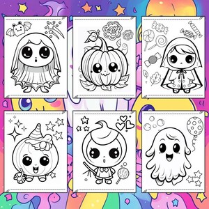 May include: Six black and white Halloween-themed coloring pages featuring cute cartoon characters. The illustrations include a ghost, a pumpkin, a witch, and a girl with candy. Each page has a unique design with stars and other decorative elements.