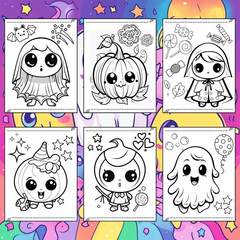 May include: Six black and white Halloween-themed coloring pages featuring cute cartoon characters. The illustrations include a ghost, a pumpkin, a witch, and a girl with candy. Each page has a unique design with stars and other decorative elements.
