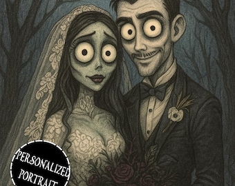 Tim Burton-stil Anpassat porträtt: Gotisk konst, Spöklik present, Halloweenporträtt (digital nedladdning)