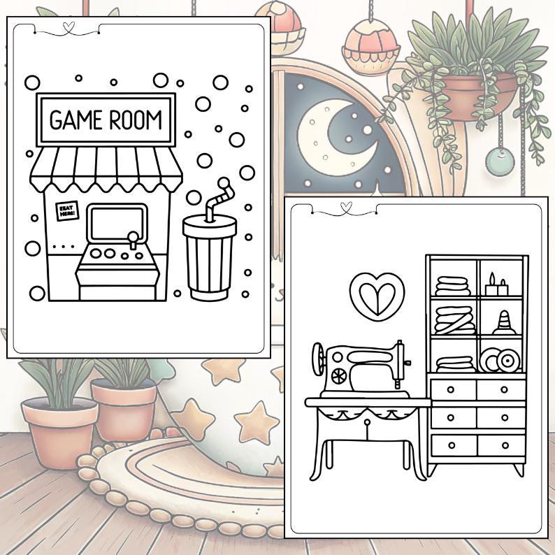 May include: Black and white line art of two colouring pages. One page features a "GAME ROOM" sign above an arcade game and a soda. The other page shows a sewing machine and a cabinet with sewing supplies.