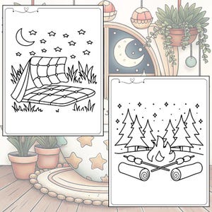 May include: Two black and white coloring pages. One shows a picnic scene with a crescent moon, stars, and a blanket. The other depicts a campfire with trees, marshmallows, and logs. The pages are part of a coloring book.