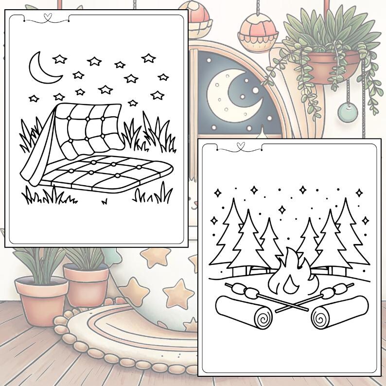 May include: Two black and white coloring pages. One shows a picnic scene with a crescent moon, stars, and a blanket. The other depicts a campfire with trees, marshmallows, and logs. The pages are part of a coloring book.