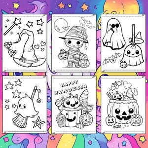 May include: A collection of six black and white Halloween-themed coloring pages. The illustrations include a witch's hat, a mummy holding pumpkins, a ghost, a broom, and a pumpkin with the text "Happy Halloween."