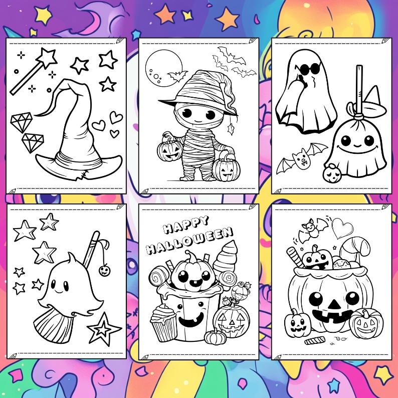 May include: A collection of six black and white Halloween-themed coloring pages. The illustrations include a witch's hat, a mummy holding pumpkins, a ghost, a broom, and a pumpkin with the text "Happy Halloween."
