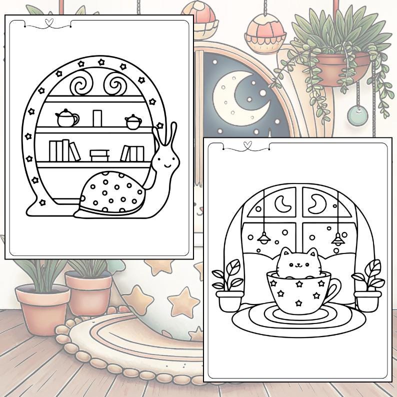 May include: Two colouring book pages with whimsical illustrations. One features a snail-shaped bookshelf with books and teapots. The other shows a cat in a teacup by a window with a moon and stars. The pages are surrounded by potted plants.