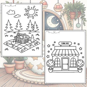 May include: Two-page colouring book spread featuring a picnic scene and a shop. The picnic page shows a basket, blanket, apple, bottle, trees, sun, and clouds. The shop page has the text "FLORAL HOIC" above the door, with potted trees.
