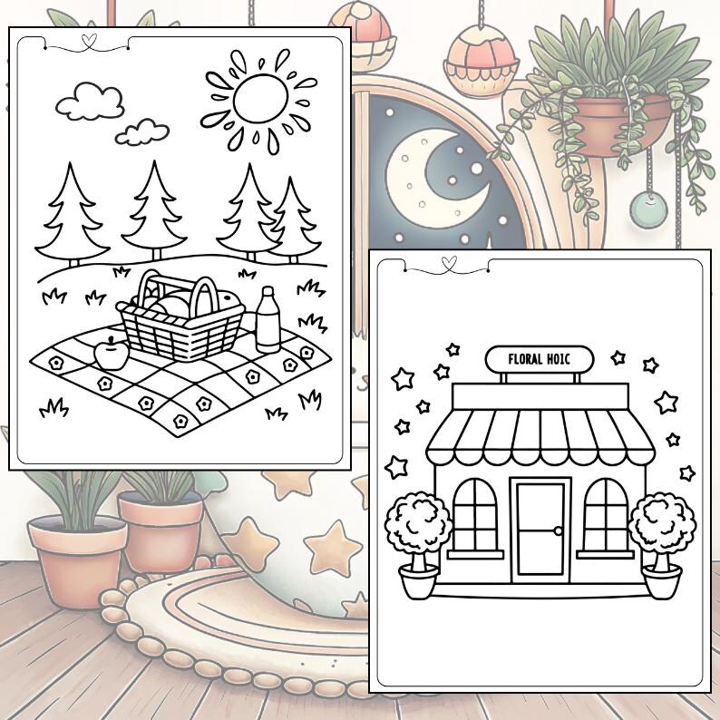 May include: Two-page colouring book spread featuring a picnic scene and a shop. The picnic page shows a basket, blanket, apple, bottle, trees, sun, and clouds. The shop page has the text "FLORAL HOIC" above the door, with potted trees.