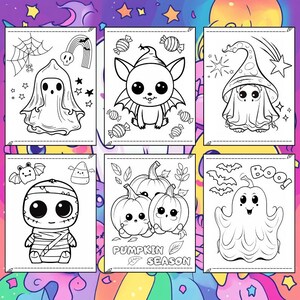 May include: Six black and white Halloween-themed coloring pages. The images include a ghost, a bat-like creature, a mummy, pumpkins, and a ghost with the word "BOO!". The words "PUMPKIN SEASON" are also visible.