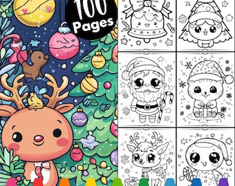 100 Pages Kawaii Christmas Coloring Book, Fun Holiday Activity (Digital Download)