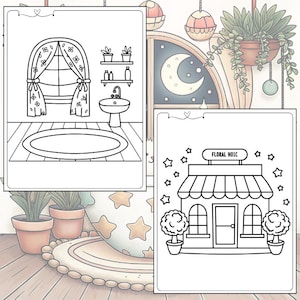 May include: Two-page colouring book spread featuring a bathroom scene with a window, sink, and tub, and a flower shop with the text "FLORAL HOIC". The pages are outlined in black and white.