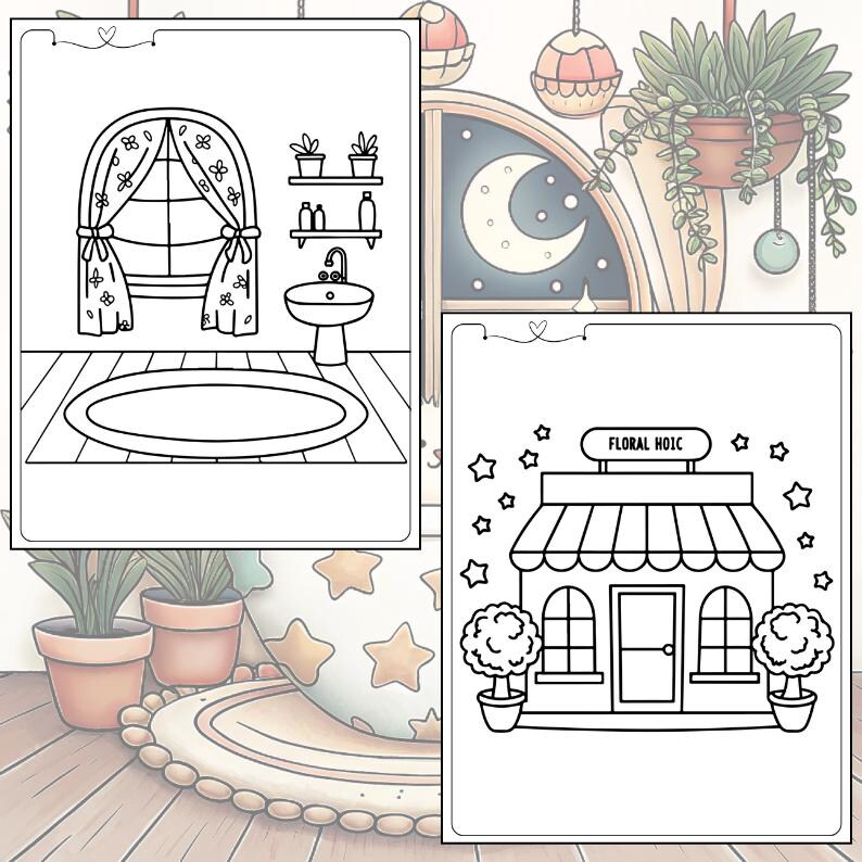 May include: Two-page colouring book spread featuring a bathroom scene with a window, sink, and tub, and a flower shop with the text "FLORAL HOIC". The pages are outlined in black and white.
