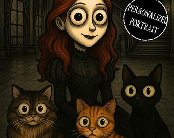 Tim Burton Style Custom Portrait: Gothic Art, Spooky Gift, Halloween Portrait (Digital Download)