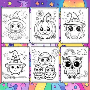 May include: Six black and white Halloween-themed coloring pages featuring cute cartoon characters. The images include a witch, pumpkin, cat, mummy, and owl, all with large eyes and whimsical details. Stars and other decorative elements surround the characters.