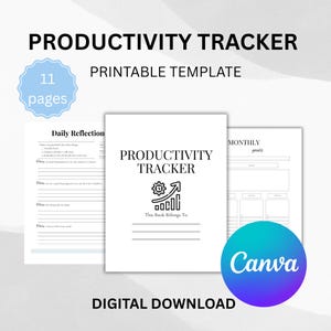 Könnte beinhalten: Eine weiße, druckbare Produktivitäts-Tracker-Vorlage mit dem Text "Productivity Tracker" und "Printable Template". Das Design umfasst Seiten für die tägliche Reflexion und monatliche Ziele. Das Bild enthält auch den Text "Digital Download" und "Canva".
