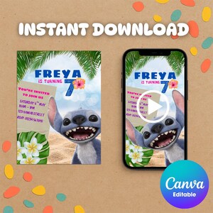 Convite de Aniversário Stitch | Modelo Editável Canva | Convite para Festa Lilo & Stitch para Imprimir | Download Instantâneo para Festa Infantil | Tema Praia