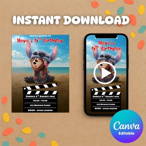 Faire-part d'anniversaire film Stitch | Modèle de toile modifiable | Invitation imprimable Lilo & Stitch | Téléchargement instantané pour fête d'enfants