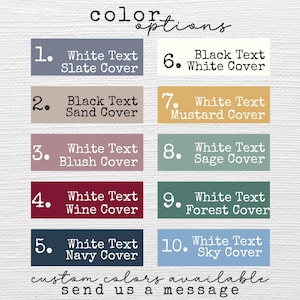 Puede incluir: Imagen que muestra opciones de color para un producto. Se muestran diez opciones de color en bloques rectangulares, cada una con un n&uacute;mero, color de texto y color de cubierta. El texto "custom colors available send us a message" est&aacute; en la parte inferior.