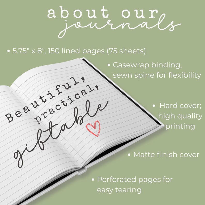 Puede incluir: Diario abierto con p&aacute;ginas rayadas. El texto dice "Beautiful, practical, giftable" con un s&iacute;mbolo de coraz&oacute;n. Incluye tapa dura, acabado mate y p&aacute;ginas perforadas. El diario mide 14,6 cm x 20,3 cm y tiene 150 p&aacute;ginas rayadas.