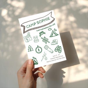 Aesthetic Green Camp Bachelorette Party Invitation and Itinerary, Editable DIY Canva Template