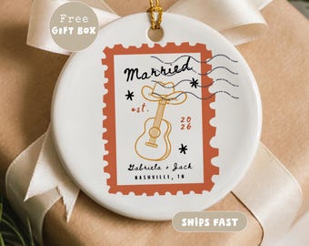 Adorno de boda "Casados en Nashville", Adorno de boda de Nashville, Regalo personalizado para recién casados, Recuerdo de boda de Nashville, Tennessee, Regalo de boda del Oeste