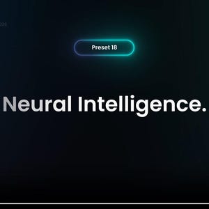 Peut inclure: Fond d'&eacute;cran d&eacute;grad&eacute; bleu fonc&eacute; avec le texte blanc "Neural Intelligence." et un bouton turquoise indiquant "Preset 18". Les commandes du lecteur vid&eacute;o sont en bas.
