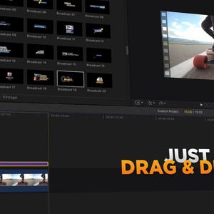 May include: A computer screen displaying video editing software with a skateboarder on a road in the upper right corner. The text "JUST DRAG & DROP" is displayed in orange and white. The software interface shows various video elements.