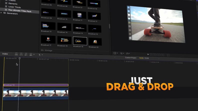 May include: A computer screen displaying video editing software with a skateboarder on a road in the upper right corner. The text "JUST DRAG & DROP" is displayed in orange and white. The software interface shows various video elements.