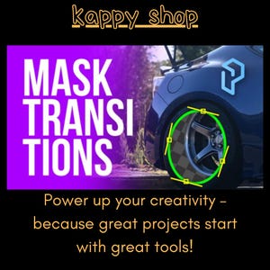 May include: Image with the text "MASK TRANSITIONS" in white on a purple background. A car wheel is highlighted with a green circle and yellow lines. The text "Power up your creativity - because great projects start with great tools!" is below.