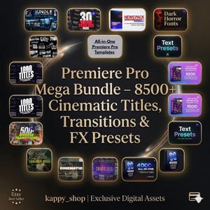 Könnte beinhalten: Werbebild für digitale Assets von Premiere Pro. Das Bild zeigt eine Sammlung grafischer Elemente, darunter Titel, Übergänge und FX-Voreinstellungen. Der Text auf dem Bild lautet "Premiere Pro Mega Bundle - 8500+" und "Cinematic Titles, Transitions & FX Presets."