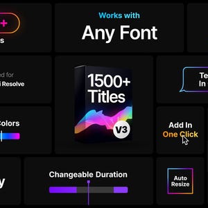 May include: A dark background with multiple text boxes. The image promotes a product with over 1500 elements and titles, designed for DaVinci Resolve. Features include customizable colors, text editing, and 4K readiness. The product works with any font.