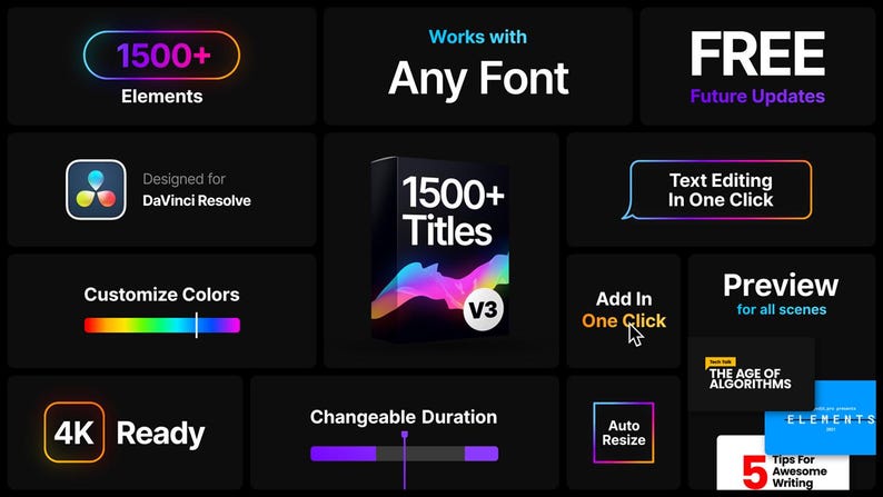 May include: A dark background with multiple text boxes. The image promotes a product with over 1500 elements and titles, designed for DaVinci Resolve. Features include customizable colors, text editing, and 4K readiness. The product works with any font.
