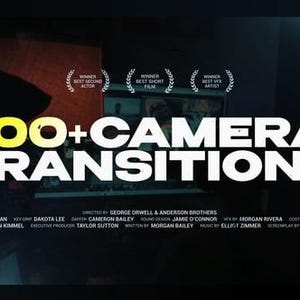 May include: A dark image with the text "100+ CAMERA TRANSITIONS" in white and yellow. The Adobe Premiere Pro logo is in the upper left corner. The image also includes text indicating awards and credits.