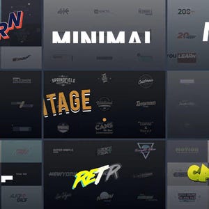 May include: A collection of graphic design elements with text in various styles. The words "MODERN", "MINIMAL", "NE", "VINTAGE", "SLICE", "RETR", and "CARTOON" are visible. The color palette includes shades of gray, black, orange, and yellow.