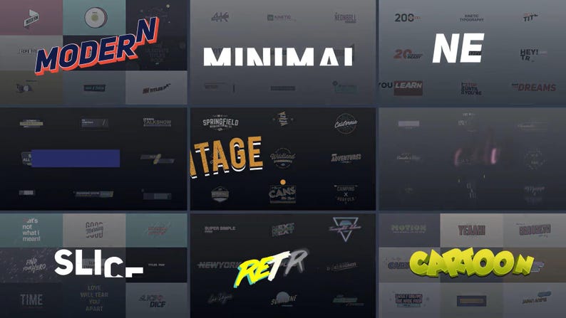 May include: A collection of graphic design elements with text in various styles. The words "MODERN", "MINIMAL", "NE", "VINTAGE", "SLICE", "RETR", and "CARTOON" are visible. The color palette includes shades of gray, black, orange, and yellow.