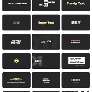 May include: A graphic design showcasing various title styles on a black background. The image features text like "Bold Titles," "Titles," "Modern Titles," and "Motion Graphics Titles." The design includes a version number.
