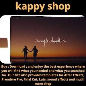 May include: Image with the text "kappy shop" in a yellow font on a black background. The image features a silhouette of two people holding hands, running on a beach at sunset. The words "simple doodles" are written in cursive.