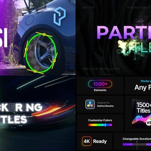 May include: Promotional image showcasing video editing elements. The image features text overlays like "MASK TRANSITIONS" and "PARTICLE TITLES." Additional text highlights features such as "1500+ Elements," "Works with Any Font," and "4K Ready."