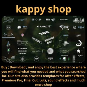 Puede incluir: Un gráfico digital con el texto "kappy shop" en amarillo. El gráfico incluye varias visualizaciones de datos, gráficos e iconos, con texto como "Infographics Scenes", "Black Friday" y "Big Sale!". El texto inferior dice: "Buy; Download; and enjoy the best experience..."