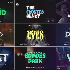 以下が含まれることがあります： 「Behind」、「The Frosted Heart」、「Wardrobe」、「Luxe」、「Eyes」、「Desire」、「Night」、「Echoes Dark」、「Veil」などのタイトルが書かれた映画ポスターのコレクション。各ポスターは、日付とロゴとともに、ユニークなタイポグラフィと画像を表示しています。