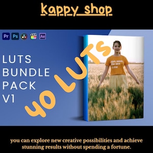 Puede incluir: Un paquete de productos titulado "LUTS" con el texto "40 LUTS" en naranja. La imagen presenta a una persona con una camiseta naranja y una falda amarilla. El texto "Sun, sand, the sea & me" est&aacute; en la camiseta. El fondo es un campo.