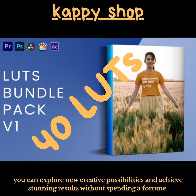 Puede incluir: Un paquete de productos titulado "LUTS" con el texto "40 LUTS" en naranja. La imagen presenta a una persona con una camiseta naranja y una falda amarilla. El texto "Sun, sand, the sea & me" est&aacute; en la camiseta. El fondo es un campo.