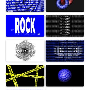 May include: A collection of graphic design elements featuring text effects. The image showcases various text styles, including "Kinetic Titles," "Trendy Titles," and "Rock," with dynamic visual treatments. The designs use blue, white, and yellow.