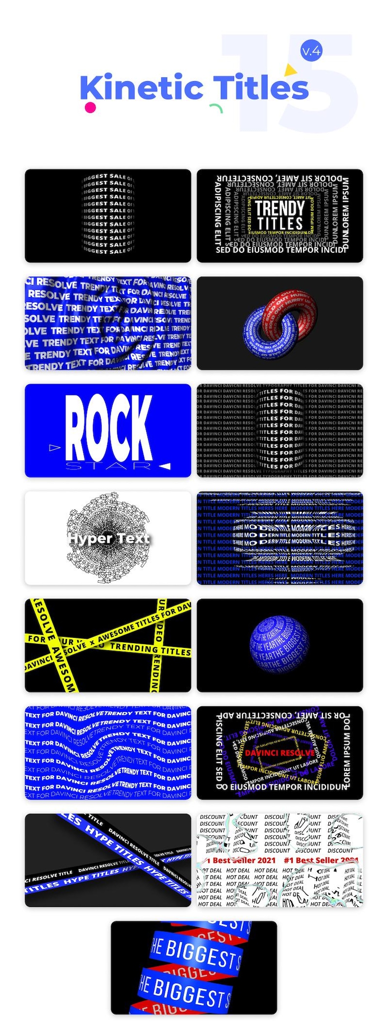 May include: A collection of graphic design elements featuring text effects. The image showcases various text styles, including "Kinetic Titles," "Trendy Titles," and "Rock," with dynamic visual treatments. The designs use blue, white, and yellow.