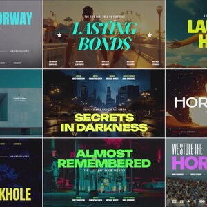 以下が含まれることがあります： さまざまな太字のタイトルが特徴の映画ポスターのコラージュ。「The Last Doorway」、「Lasting Bonds」、「Laughing Hearts」、「The Last Verse」、「Secrets in Darkness」、「Horizon Paradise」、「Velvet Blackhole」、「Almost Remembered」、「We Stole the Horizon」など。