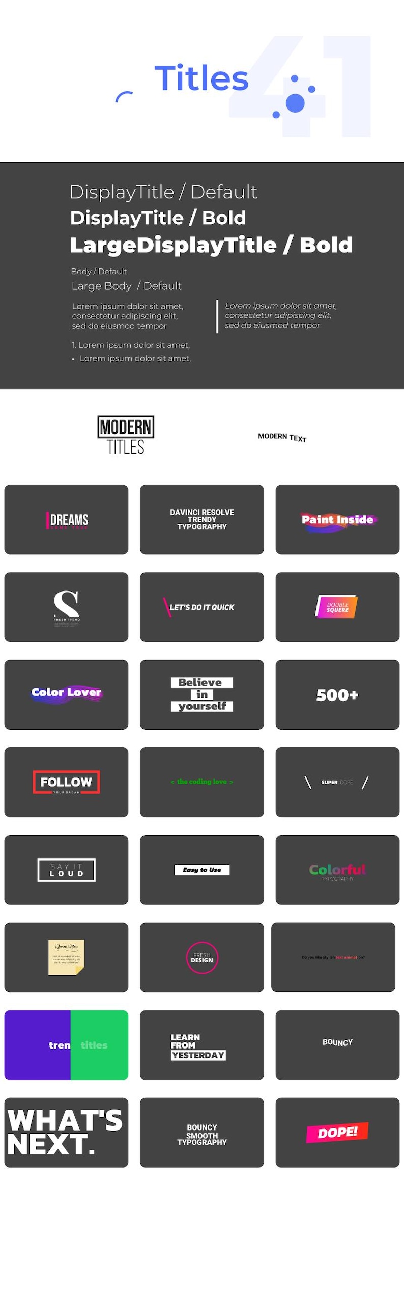 May include: A graphic design showcasing various title styles, including "Dreams," "Color Lover," and "What's Next." The image features text layouts with different fonts and color schemes, suitable for creative projects.
