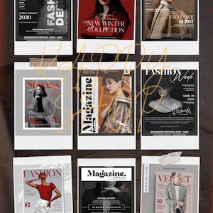 May include: A collection of nine magazine covers with fashion themes. The covers feature models, text, and graphics. The magazines are titled "Fashion," "Magazine," and "Velvet." The covers are in various colors, including red, black, and white.