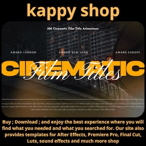 Może przedstawiać: Grafika promocyjna dla "kappy shop" z tekstem "CINEMATIC Film Titles" w kolorze żółtym. Obraz zawiera tekst wskazujący "100 Cinematic Film Title Animations" oraz "Award London, New York, Europe."