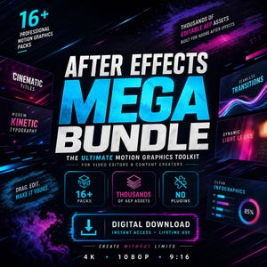 Może przedstawiać: Cyfrowy pakiet grafiki ruchomej dla Adobe After Effects zawierający ponad 16 zestawów, tysiące edytowalnych plików AEP i niewymagający wtyczek. Grafika zawiera napisy takie jak After Effects Mega Bundle, 4K, 1080P oraz 9:16.